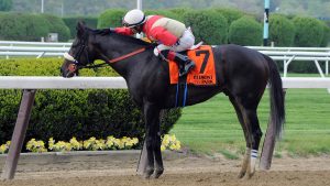Unified and Jose Ortiz celebrate the G2 Peter Pan victory at Belmont Park.