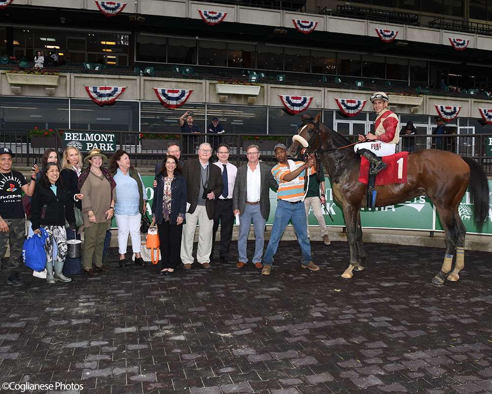 Preservationist wins at Belmont Park for Centennial Farms thoroughbred racing partnership.