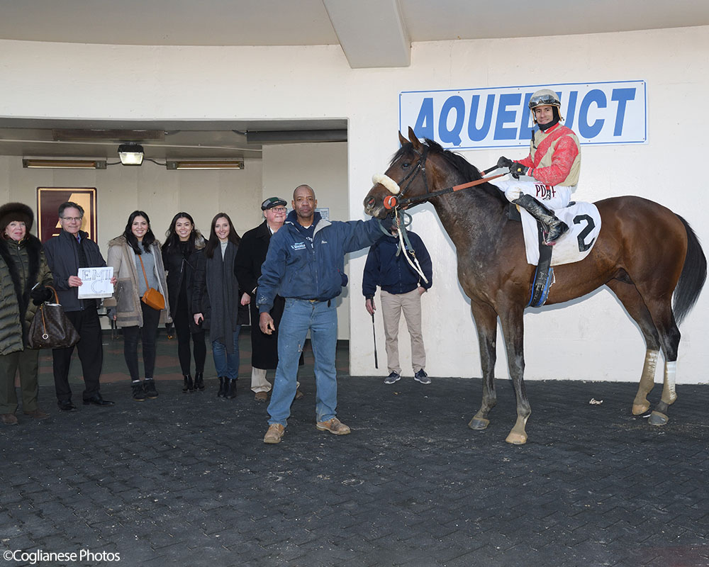 Preservationist wins at Aqueduct for Centennial Farms thoroughbred racing partnership.