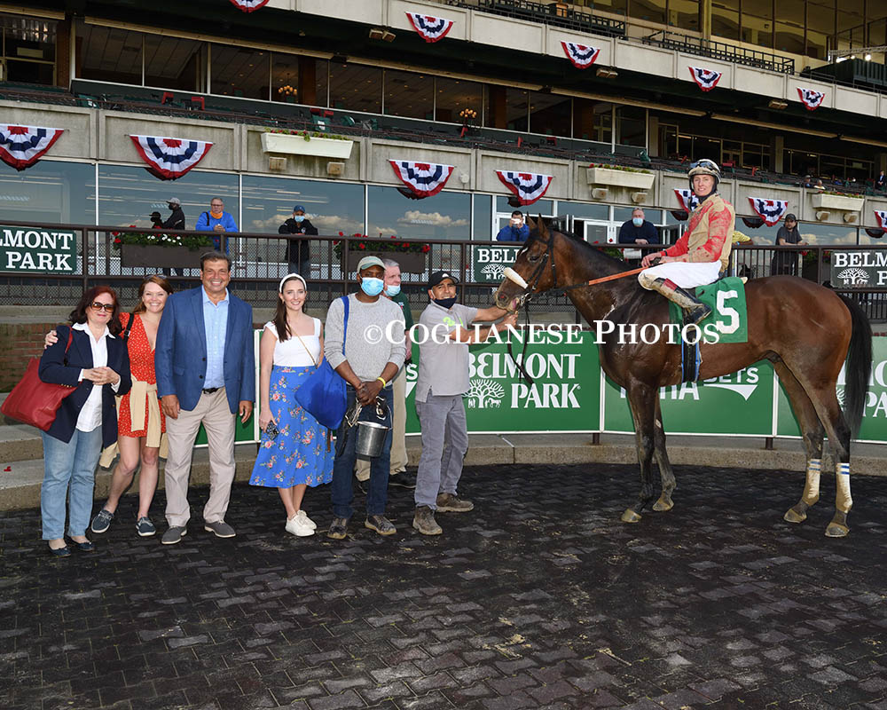 Royal Realm breaks his maiden at Belmont Park for members of his Centennial Farms thoroughbred racing partnership team.