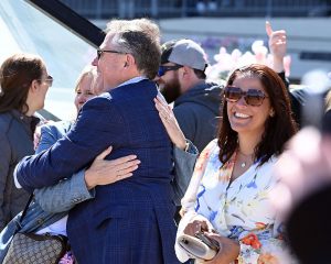 Members of the Centennial Farms Thoroughbred racing partnership celebrate the G3 Peter Pan win by Antiquarian (Preservationist - Lifetime Memory).