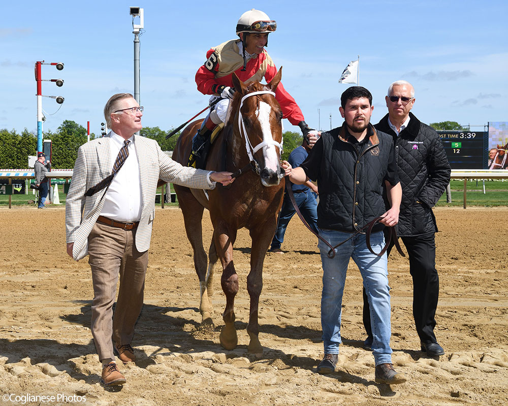 Antiquarian (Preservationist - Lifetime Memory), John Velazquez, Todd Pletcher, and Don Little, Jr. after taking the G3 Peter Pan at Aqueduct's Belmont At The Big A meet.