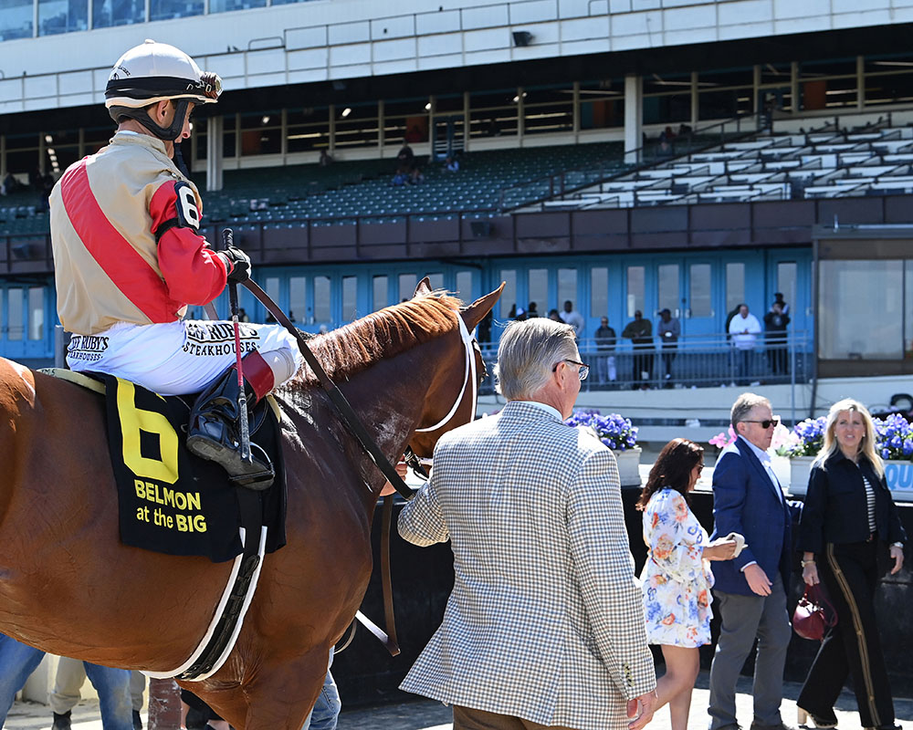 Antiquarian (Preservationist - Lifetime Memory), John Velazquez, and Don Little, Jr. enter the winner's circle after taking the G3 Peter Pan at Aqueduct's Belmont At The Big A meet.