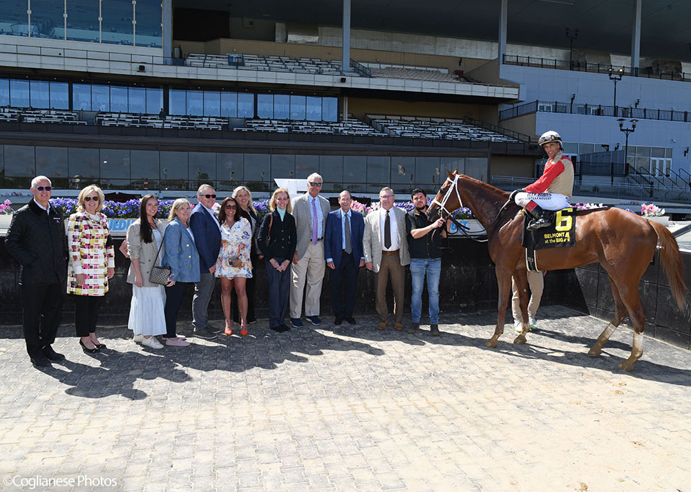 Antiquarian (Preservationist - Lifetime Memory) and John Velazquez in winner's circle after taking the G3 Peter Pan at Aqueduct's Belmont At The Big A meet with members of the Centennial Farms Thoroughbred racing partnership.