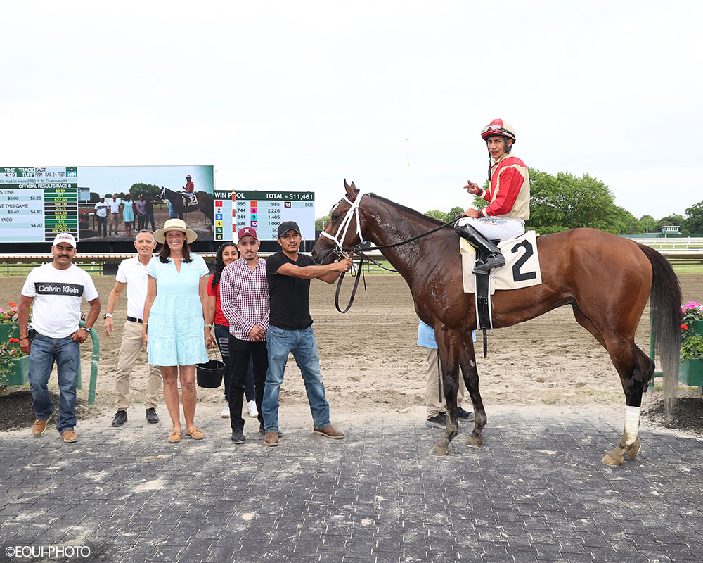 Goodstone (Good Magic - Joyeria), part of the Hamilton LLC Thoroughbred racing partnership with Centennial Farms, in the winner's circle after breaking his maiden at Monmouth Park, copyright Bill Denver/Equi-Photo.