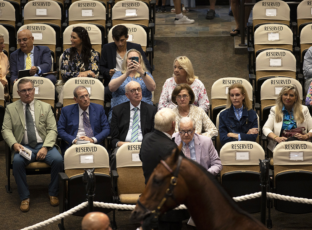 Members of the Centennial Farms family watch as a colt by a Charlatan out of the Candy Ride mare Call Me Candy is in the ring at the Fasig-Tipton Saratoga Sale. He is available as the Congress Park LLC Thoroughbred racing partnership.