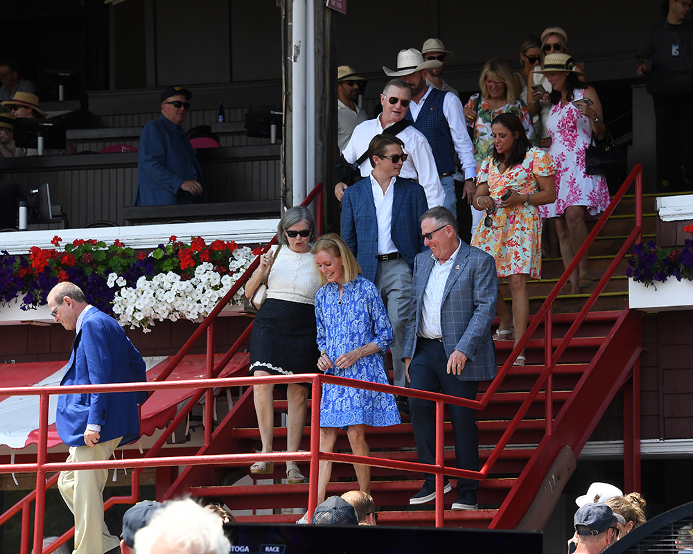 Celebrating after Illuminare (City of Light - I Still Miss You), part of Centennial Farms' 2022 Hamilton LLC Thoroughbred racing partnership, won an allowance at Saratoga Race Course with Irad Ortiz, Jr. aboard.