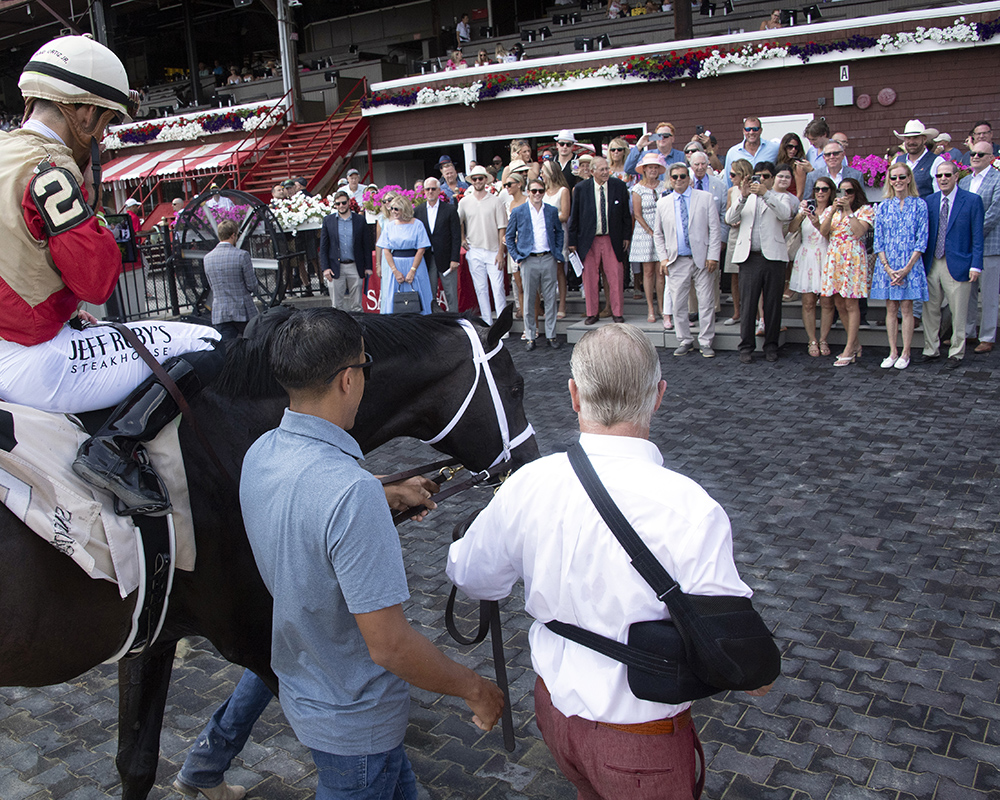 Celebrating after Illuminare (City of Light - I Still Miss You), part of Centennial Farms' 2022 Hamilton LLC Thoroughbred racing partnership, won an allowance at Saratoga Race Course with Irad Ortiz, Jr. aboard.