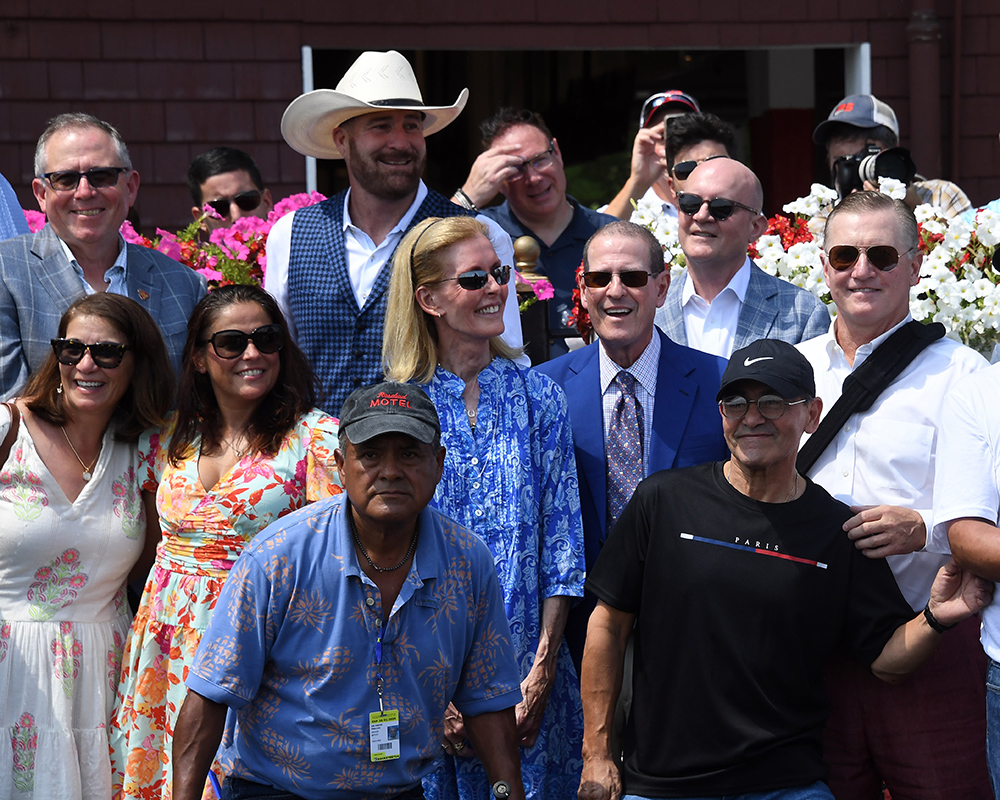 Celebrating after Illuminare (City of Light - I Still Miss You), part of Centennial Farms' 2022 Hamilton LLC Thoroughbred racing partnership, won an allowance at Saratoga Race Course with Irad Ortiz, Jr. aboard.