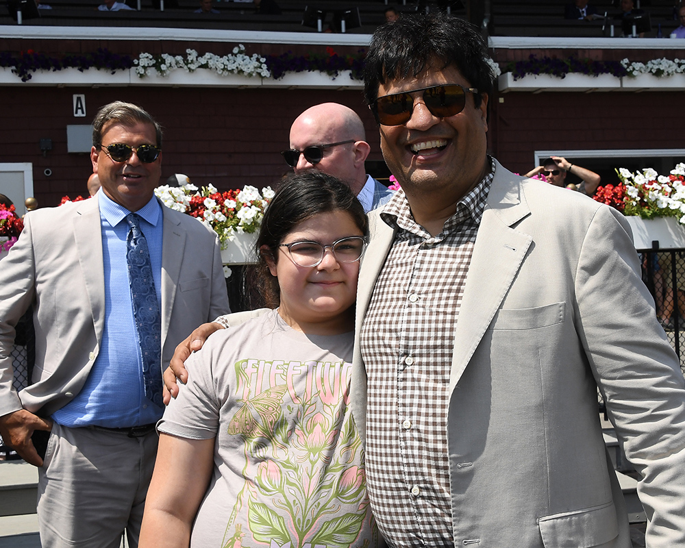 Celebrating after Illuminare (City of Light - I Still Miss You), part of Centennial Farms' 2022 Hamilton LLC Thoroughbred racing partnership, won an allowance at Saratoga Race Course with Irad Ortiz, Jr. aboard.