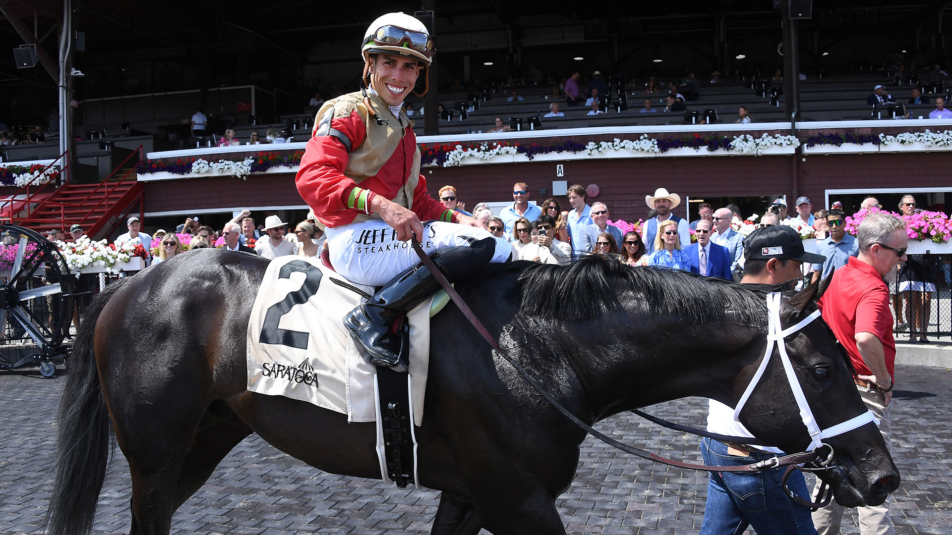 Illuminare (City of Light - I Still Miss You) after winning at Saratoga Race Course with Irad Ortiz, Jr. aboard in July 2024.