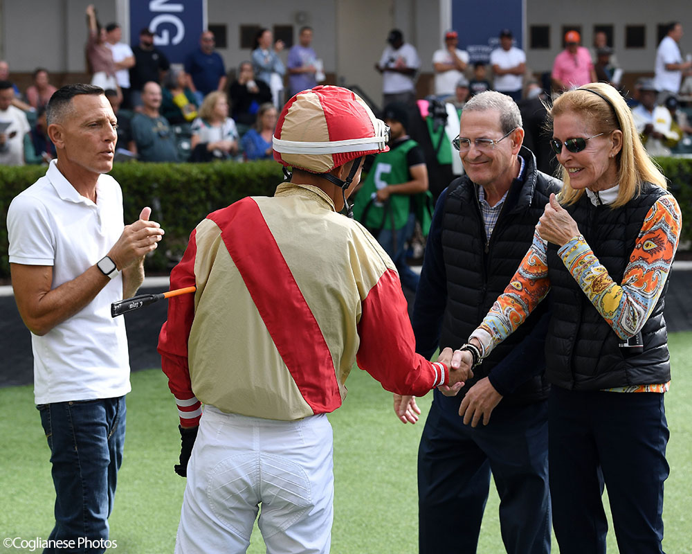 Peter Horvtiz and Margaret O'Meara before Enlighten (City of Light - Legal Tender), Centennial Farms' 2022 Cheval LLC Thoroughbred racing partnership, won a maiden race at the Gulfstream Park Championship Meet with Edgard Zayas aboard.