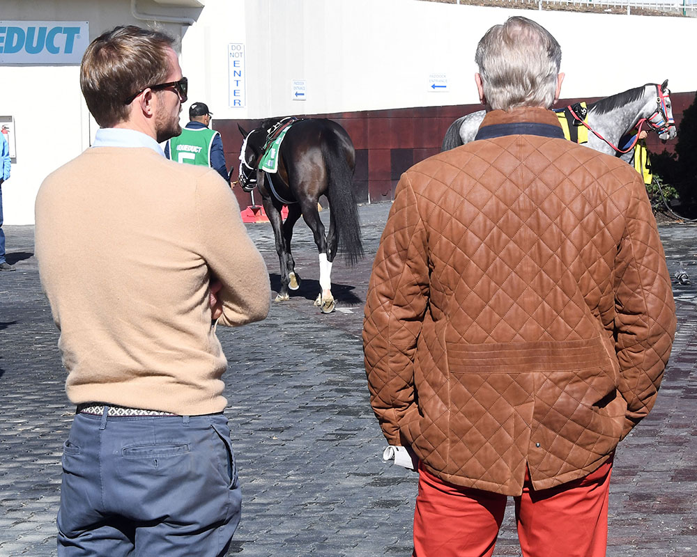 Don Little, Jr. and Stu Hampton, assistant to trainer Todd Pletcher, and Illuminare (City of Light - I Still Miss You), part of Centennial Farms' 2022 Hamilton LLC Thoroughbred racing partnership, before winning an allowance at Belmont at The Big A with Irad Ortiz, Jr. aboard.