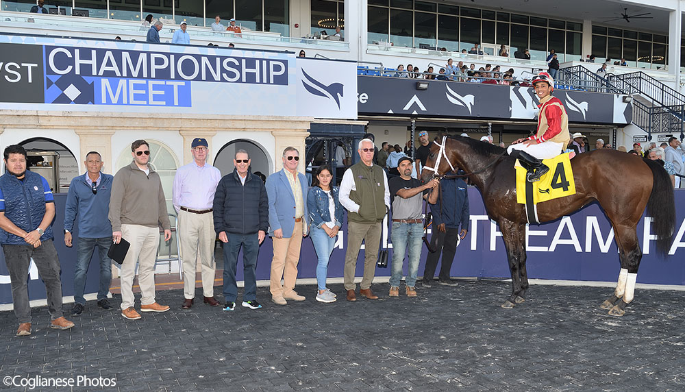 Enlighten (City of Light - Legal Tender), Centennial Farms' 2022 Cheval LLC Thoroughbred racing partnership, after winning an allowance race at the Gulfstream Park Championship Meet with Edgard Zayas aboard.