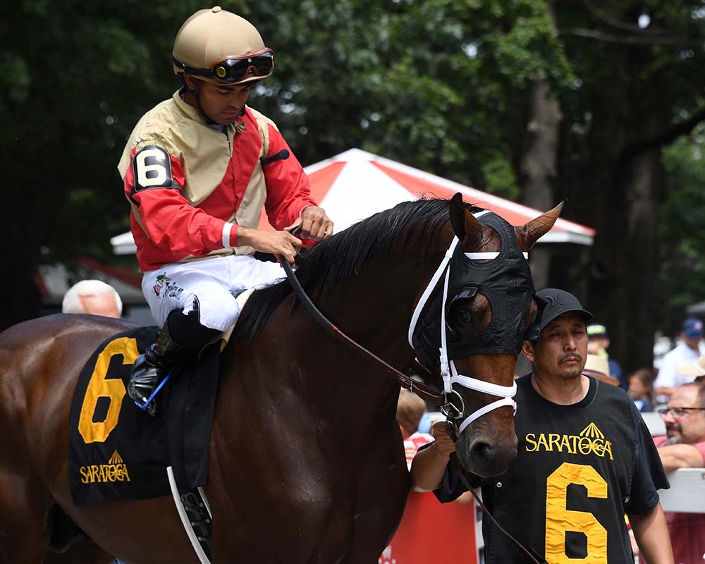 Makes Sense (Street Sense - Pure Poison, by Honor Code), the 2023 Madison, LLC Thoroughbred racing partnership, breaking his maiden at Saratoga.