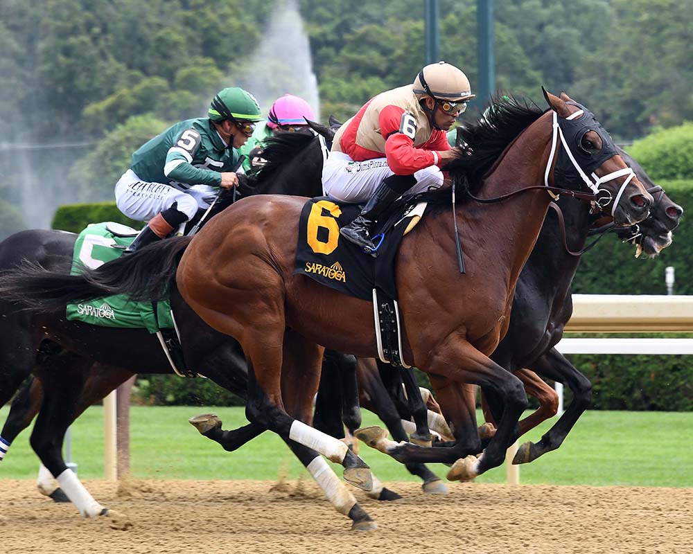 Makes Sense (Street Sense - Pure Poison, by Honor Code), the 2023 Madison, LLC Thoroughbred racing partnership, breaking his maiden at Saratoga.