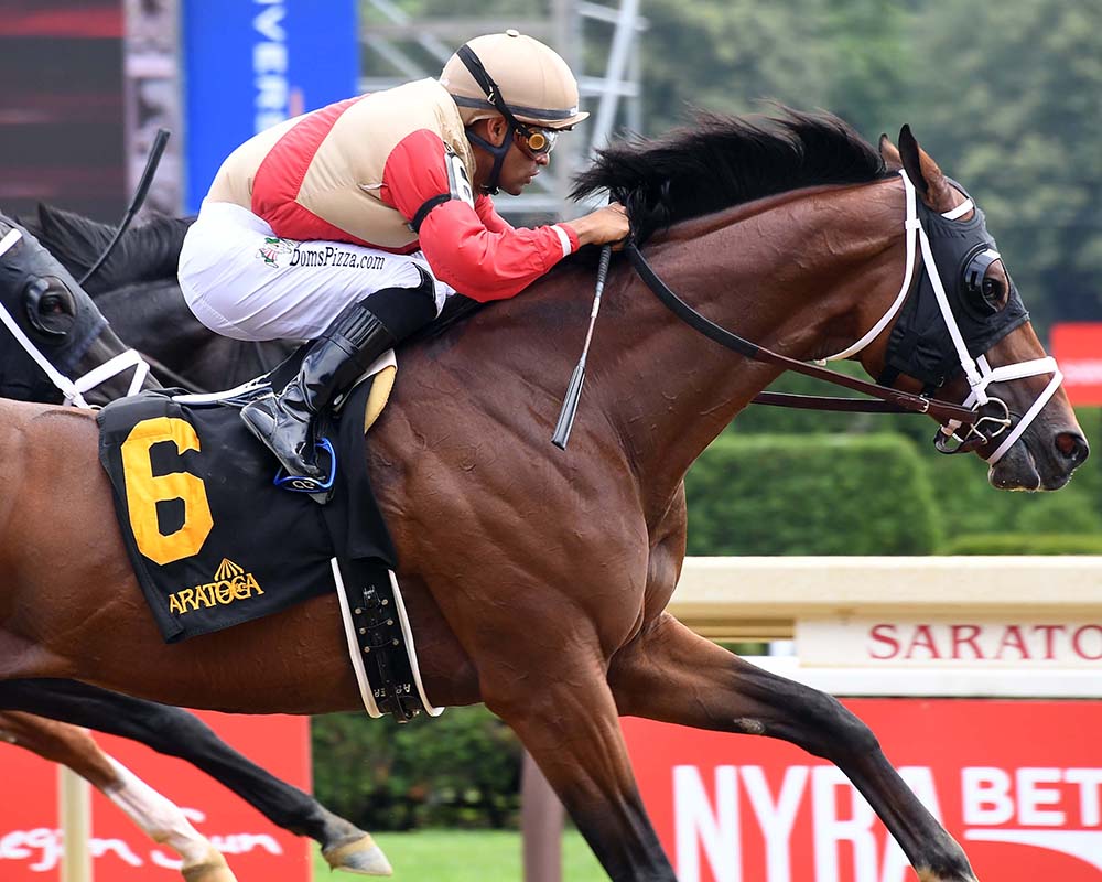 Makes Sense (Street Sense - Pure Poison, by Honor Code), the 2023 Madison, LLC Thoroughbred racing partnership, breaking his maiden at Saratoga.