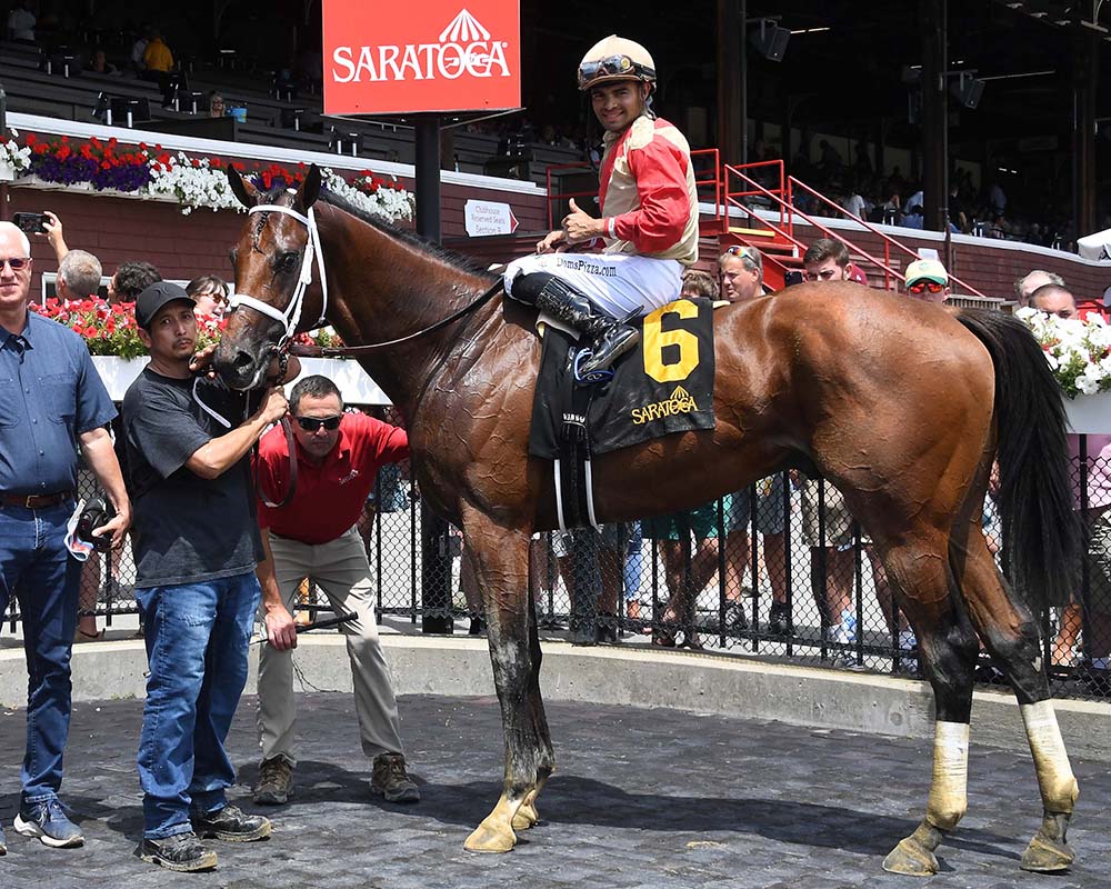 Makes Sense (Street Sense - Pure Poison, by Honor Code), the 2023 Madison, LLC Thoroughbred racing partnership, breaking his maiden at Saratoga.