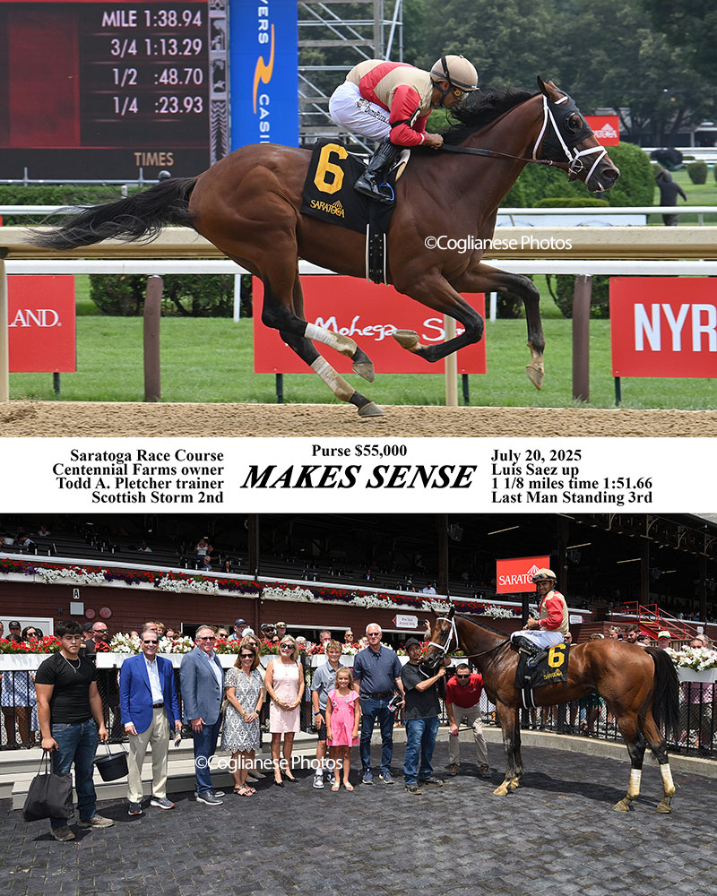 Makes Sense (Street Sense - Pure Poison, by Honor Code), the 2023 Madison, LLC Thoroughbred racing partnership, breaking his maiden at Saratoga.